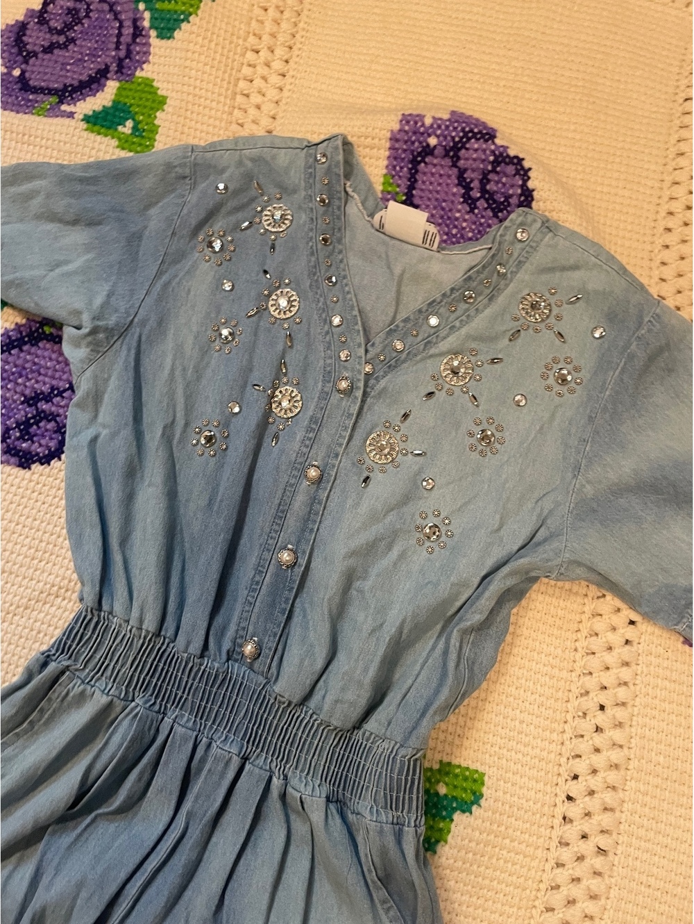 Panorama vintage 80s mcbling bedazzled denim jean chambray jumper jumpsuit small